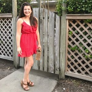 Red dress w/light taupe polka dots & ruffle detail